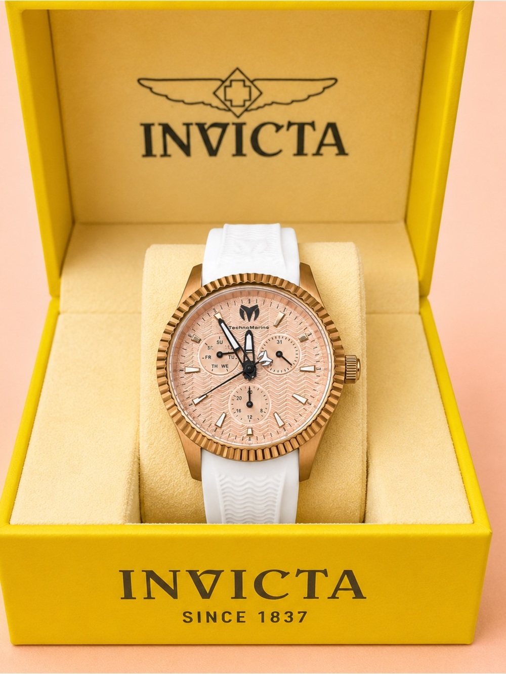 Invicta Techno Marine Sea Dream Rose Gold Dial Women's Watch with White Strap
